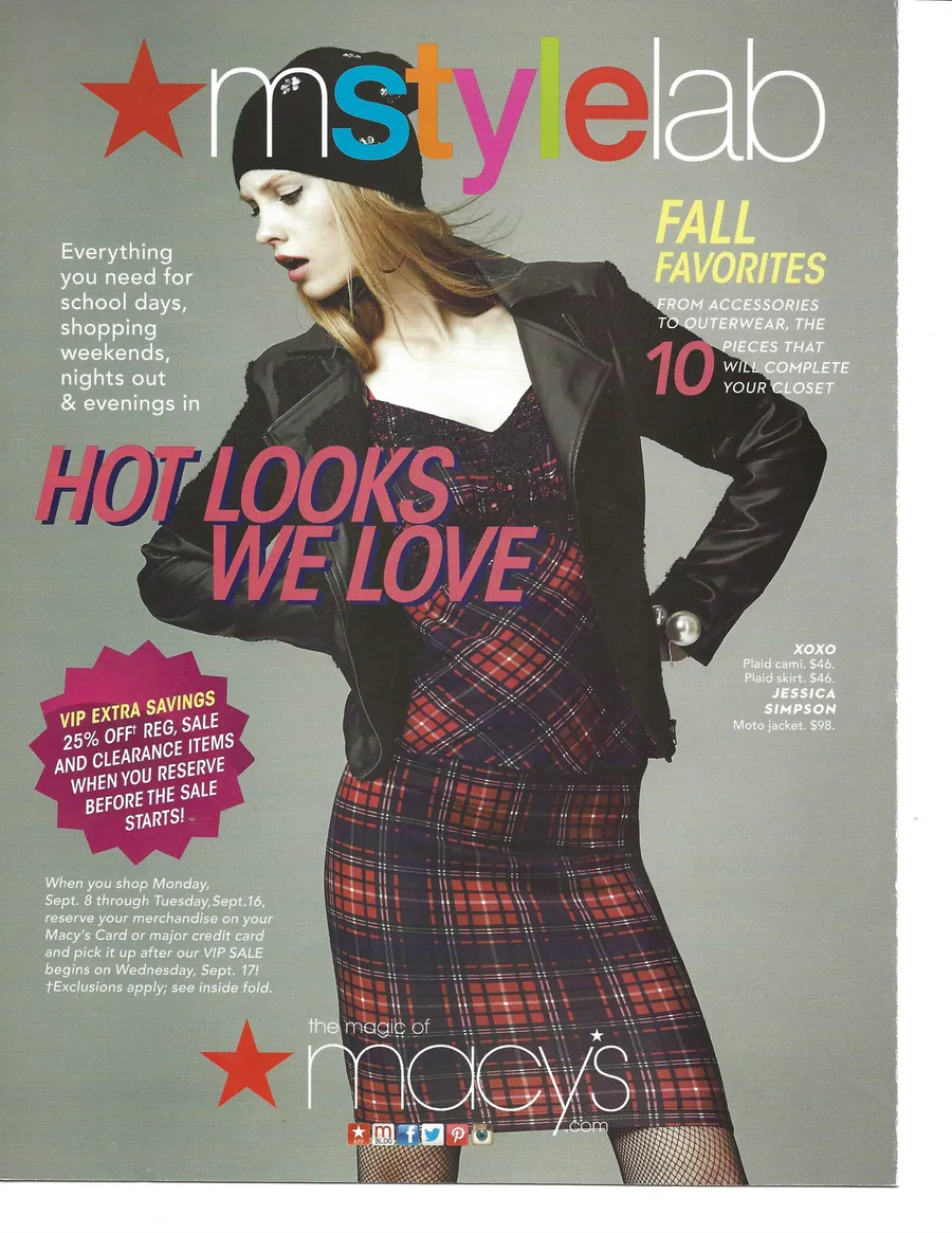 Cover of the Macy’s mstylelab fall catalog: “Hot looks we love”, a model in a plaid skirt and leather jacket