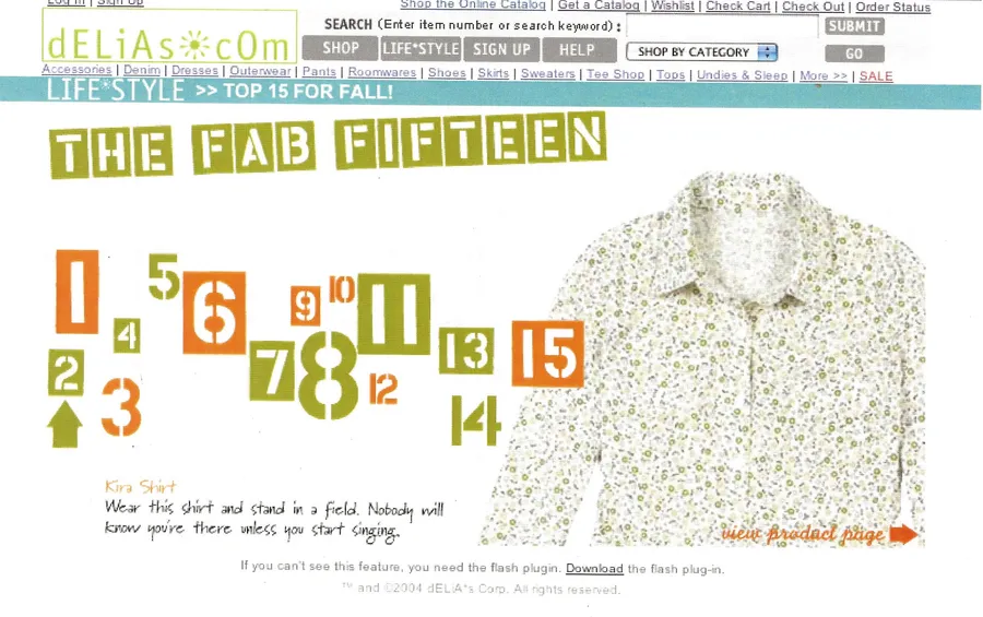 dELiA*s.com “The Fab Fifteen” page featuring a floral print jacket