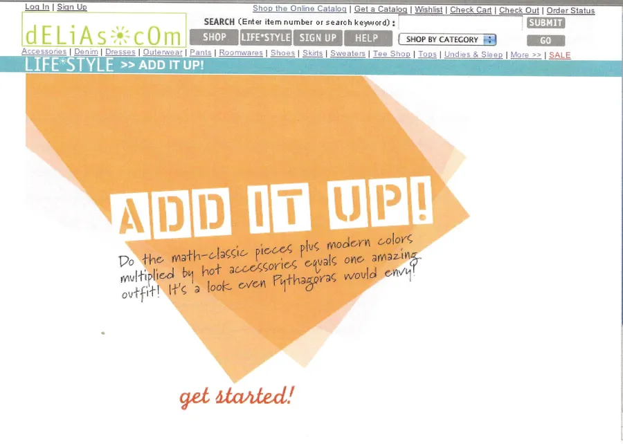 dELiA*s.com “Add It Up!” fall style guide opening page: “Get started!”