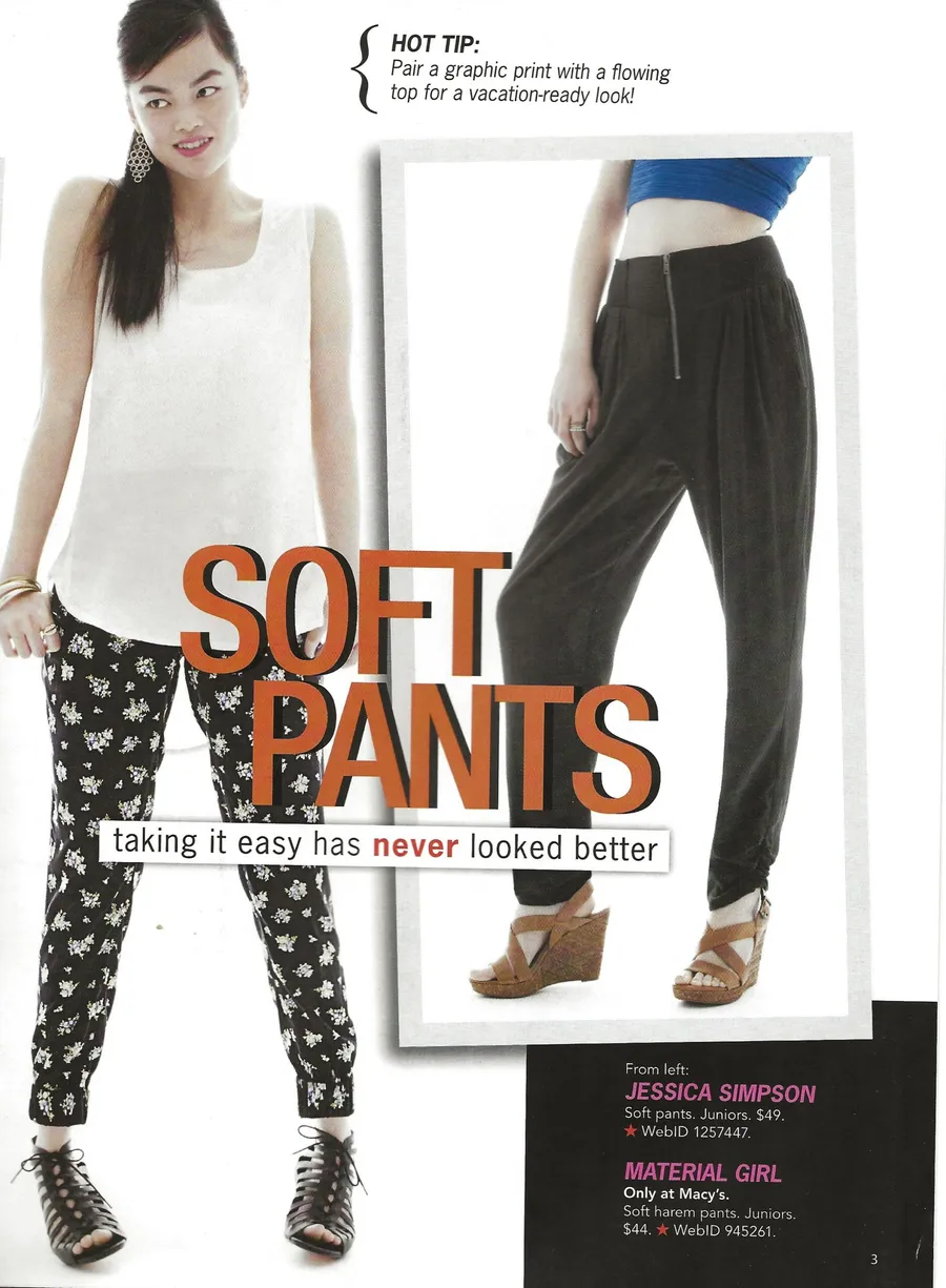 “Soft Pants” page: printed and pleated soft trousers