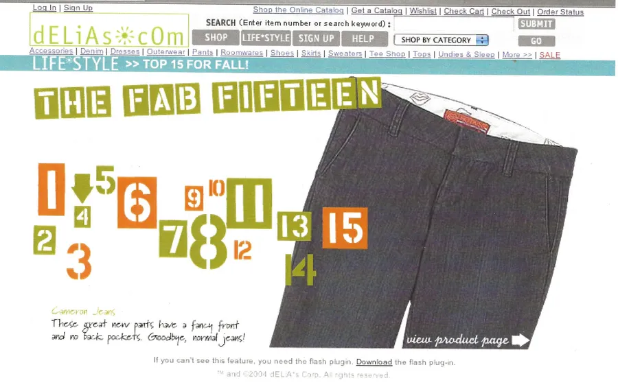 dELiA*s.com “The Fab Fifteen” page featuring dark trousers