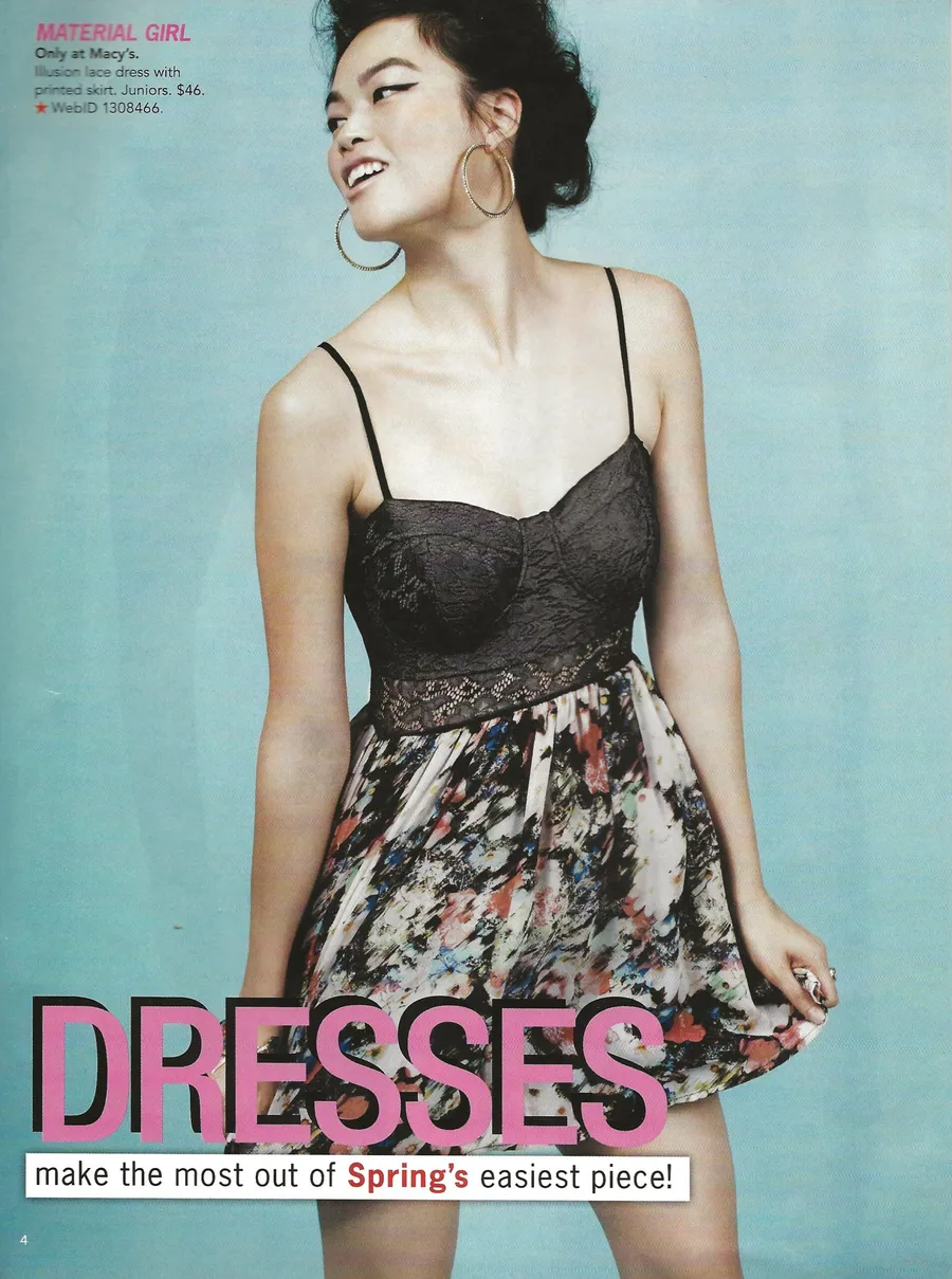 “Dresses” page: a model in a floral sundress