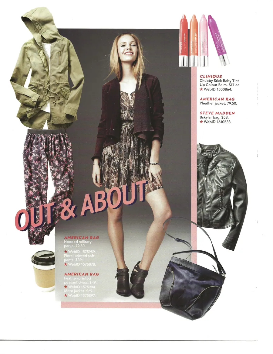 “Out & About” spread: a model in a utility jacket with handbags and boots
