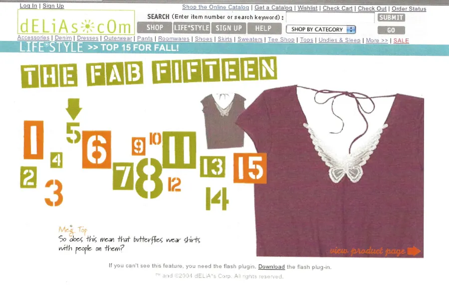 dELiA*s.com “The Fab Fifteen” page featuring a red top