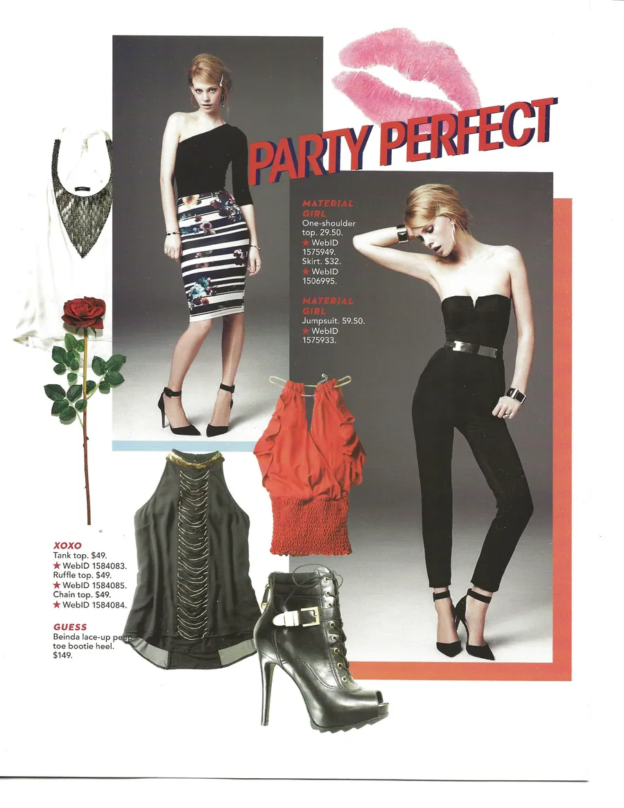 “Party Perfect” spread: a model in black with heels and evening accessories