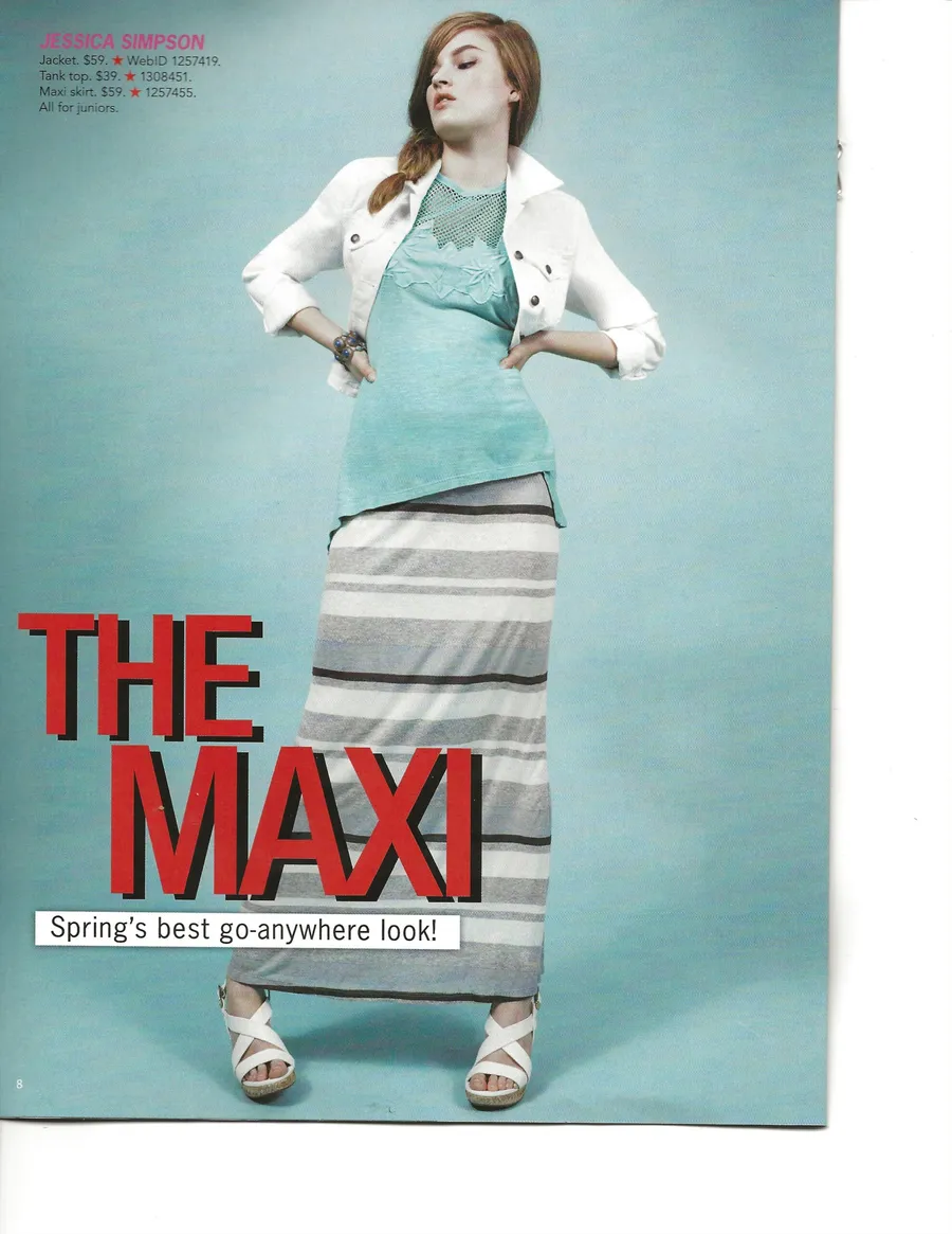 “The Maxi” page: a model in a long maxi skirt