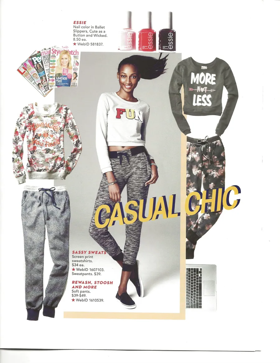 “Casual Chic” spread: printed sweaters, jeans and nail polish