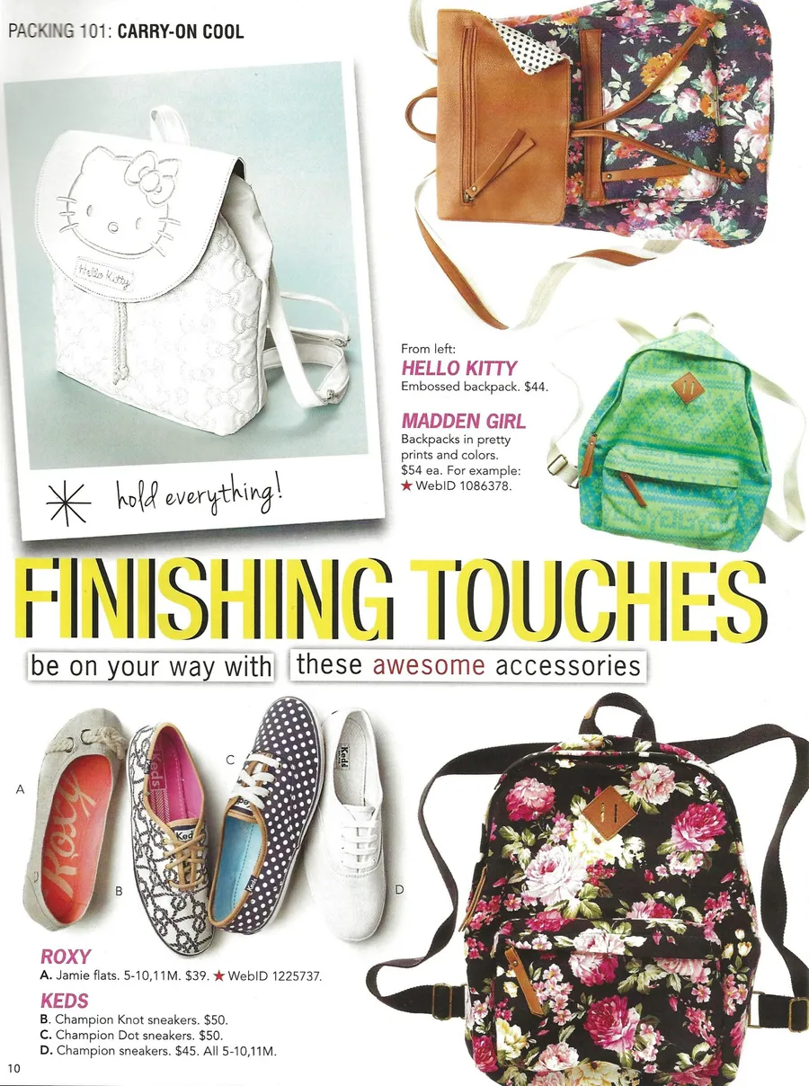“Finishing Touches” page: backpacks, sneakers and accessories