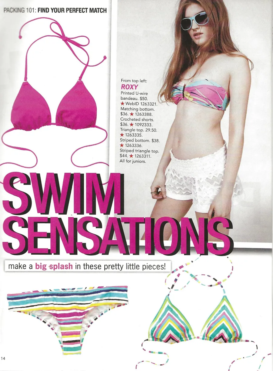 “Swim Sensations” page: bikinis and swimwear