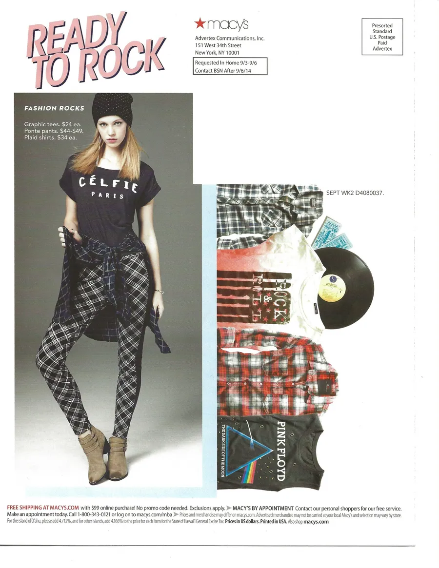 “Ready to Rock” page: a model in a plaid skirt and band T-shirt