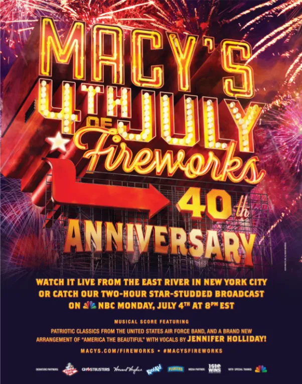 Macy’s 4th of July Fireworks 40th anniversary poster, lettering over a burst of fireworks