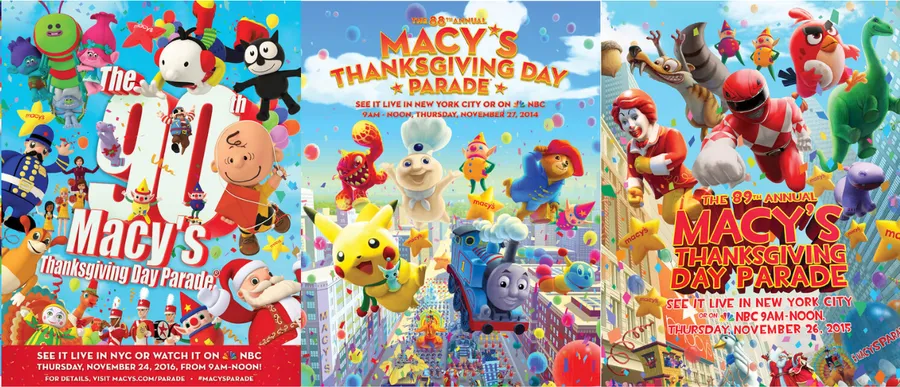 Wide Macy’s Thanksgiving Day Parade banner crowded with balloon characters