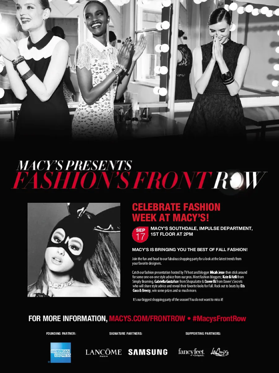 Black-and-white “Macy’s Presents Fashion’s Front Row” poster celebrating Fashion Week at Macy’s