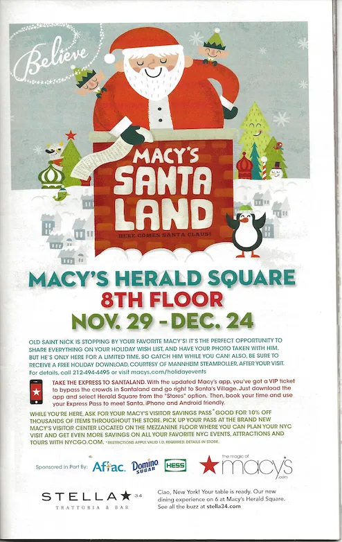 Macy’s Santaland flyer: Santa’s workshop at Macy’s Herald Square, 8th floor, Nov. 29 – Dec. 24
