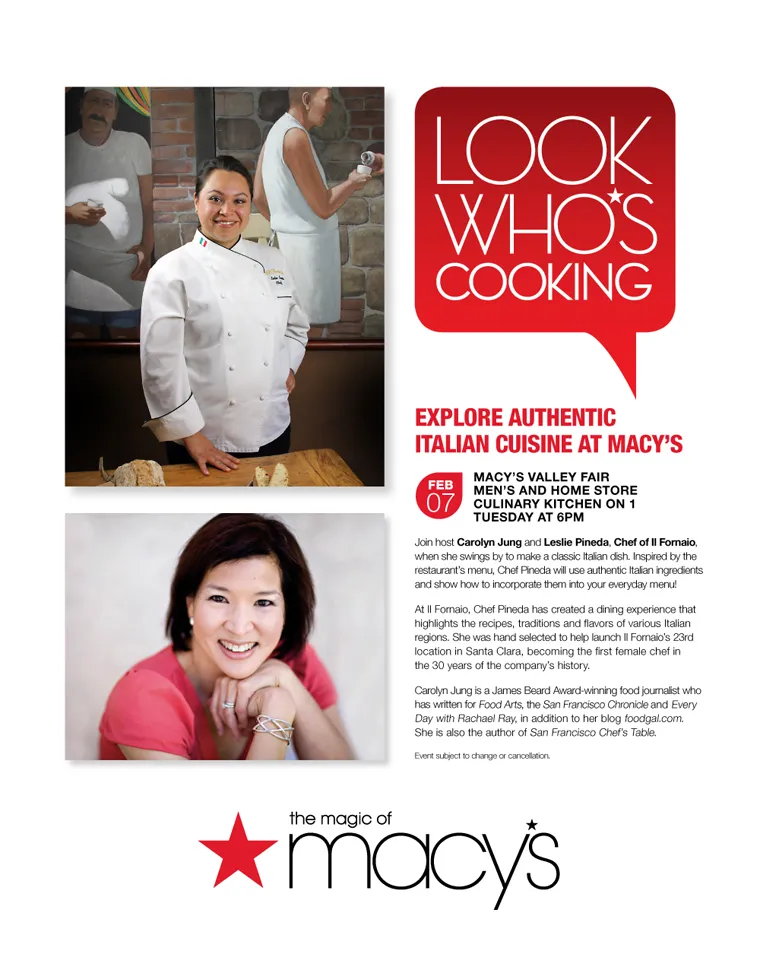 Macy’s “Look Who’s Cooking” ad for an Il Fornaio authentic Italian cuisine event, with portraits of two chefs