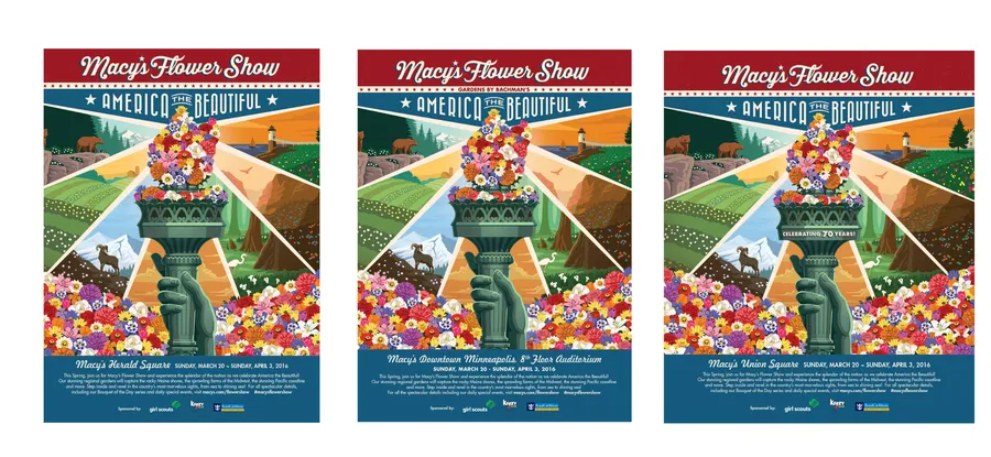 Macy’s Flower Show 2016 magazine ad: three versions of the “America the Beautiful” poster, a torch overflowing with flowers