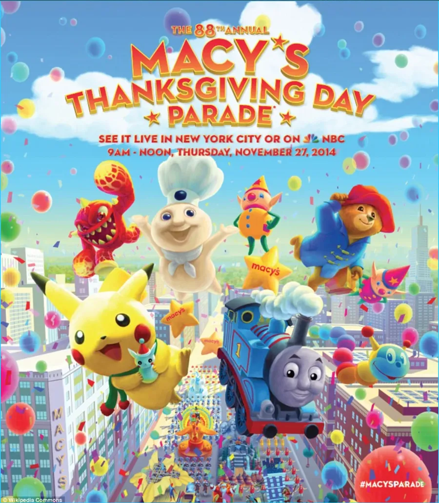 Macy’s Thanksgiving Day Parade poster: balloon characters including Pikachu and Thomas the Tank Engine over New York